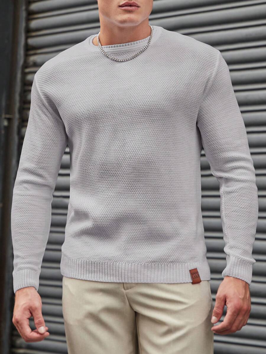 RueChic Men's Letters Patch Round Neck Sweater