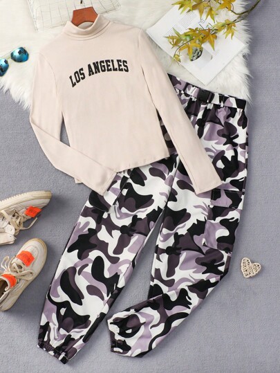 SHEIN Teen Girl Letter Graphic Mock Neck Tee & Camo Print Push Buckle Belted Pants