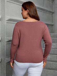 SHEIN Clasi Hơn Ngọc trai đính cườm Surplice cổ Đồ đan Ribbed Áo len - Bụi hồng - Xem 2