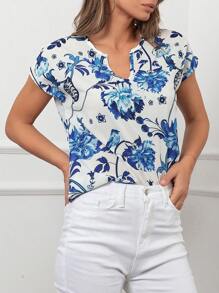 RueChic Floral Print Notched Neckline Batwing Sleeve Blouse - Blue and White - View 3