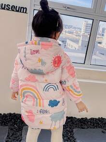 SHEIN 年轻女孩彩虹与卡通图案连帽棉服外套