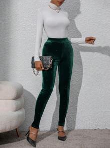 Allurite Leggings unicolor de terciopelo - Verde - Ver 2