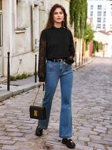SHEIN Frenchy Của phụ nữ Vá lại Ren Tay áo dài Áo nỉ - màu đen - Xem 4