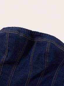 SHEIN MOD 素色後背打褶抹胸牛仔連衣裙 - 深色水洗藍 - 查看 3