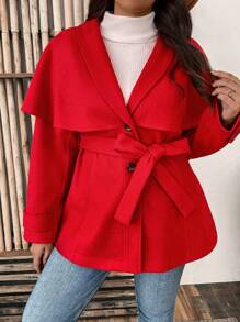 SHEIN Clasi Plus Overlay Single Breasted Belted Overcoat - Red - View 5