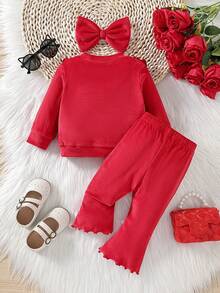 女嬰荷葉邊運動衫&前蝴蝶結喇叭褲＆ 頭巾