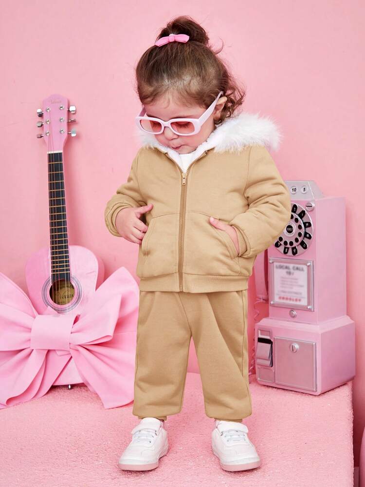 Baby Girl Fuzzy Trim Hooded Thermal Jacket & Sweatpants