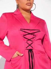 Allurite Plus Lace Up Front Lapel Neck Coat - Hot Pink - View 3