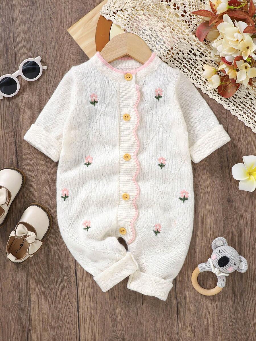 Baby Girls' Flower Embroidered Knitted Jumpsuit - White - View 1
