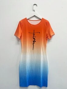 大碼漸層字母圖案緊身洋裝 - 橘色 - 查看 3