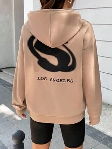 SHEIN Unity 字母圖案袋鼠口袋落肩袖抽繩連帽衫 - 杏色 - 查看 4