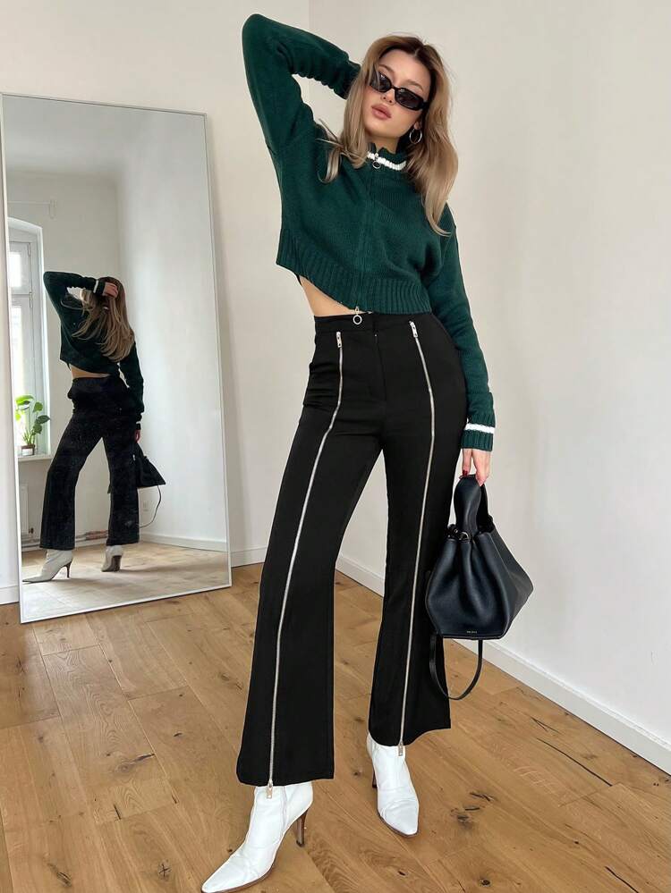 Contrast Piping Flare Leg Suit Pants