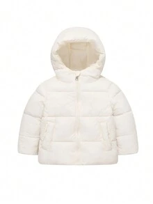SHEIN Young Girl Slant Pockets Hooded Padded Coat - Beige - View 1