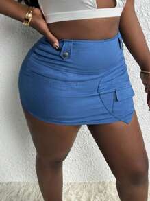Zolique Flap Detail Bodycon Skirt - Blue - View 1