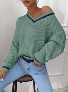 EURMUSE Contrast Trim Drop Shoulder Sweater - Olive Green - View 3
