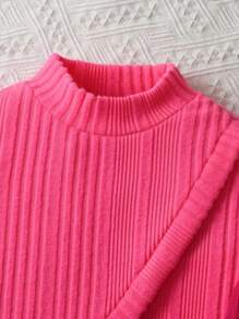 SHEIN 3pcs/Set Tween Girls' Ribbed Stand Collar Top, Solid Color Cami Dress And Matching Bag - Hot Pink - View 6