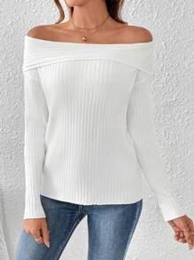 SHEIN Clasi Suéter de punto acanalado con hombros descubiertos y dobladillo para otoño e invierno - Blanco - Ver 3