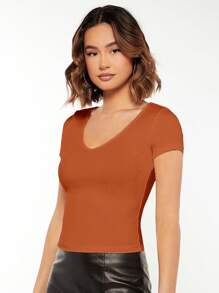 SHEIN BASICS V-neck Solid Tee - Rust Brown - View 6