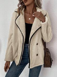 SHEIN LUNE Contrast Binding Double Breasted Teddy Coat - Apricot - View 7