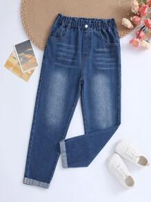 Sparklyn Tween Girl Loose Fit Tapered Jeans With Flower Waistband Detail, Blue