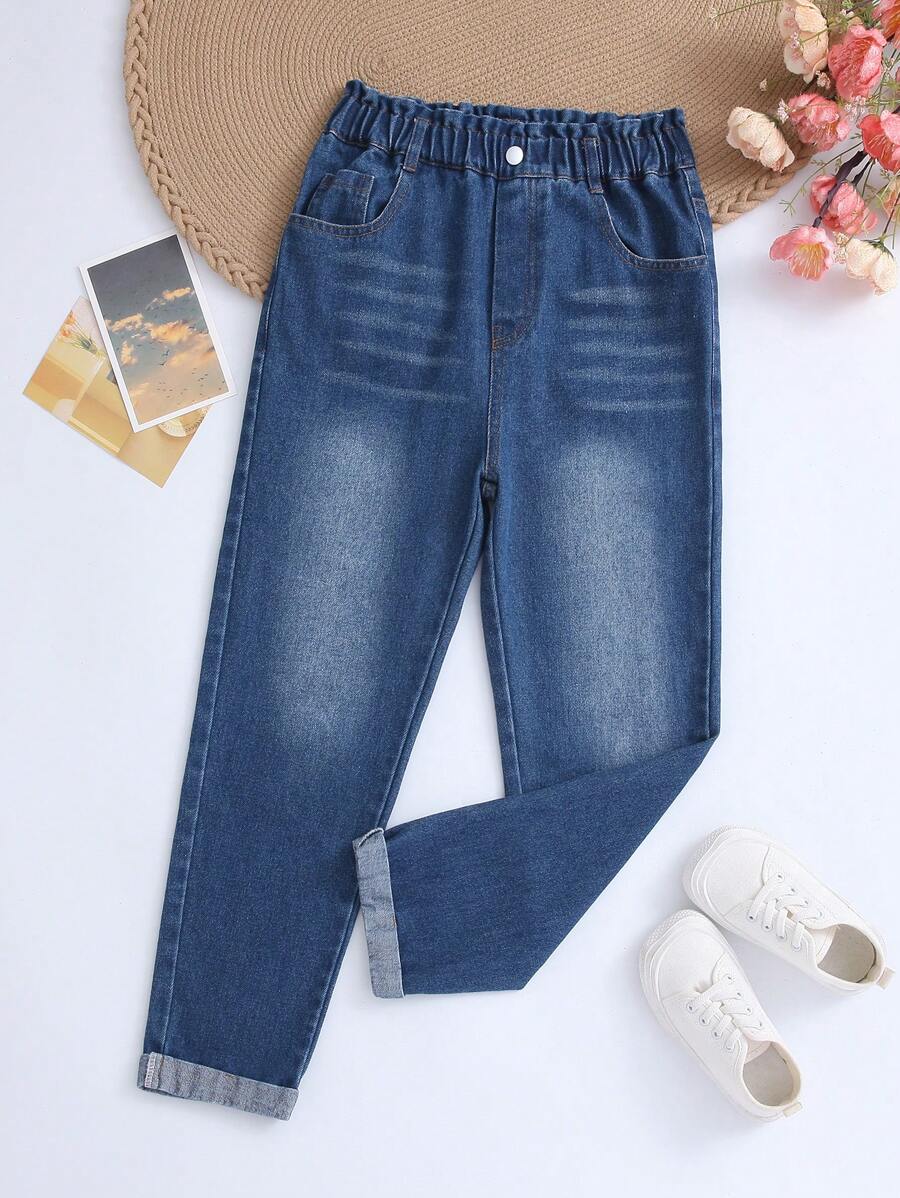 Sparklyn Tween Girl Loose Fit Tapered Jeans With Flower Waistband Detail, Blue