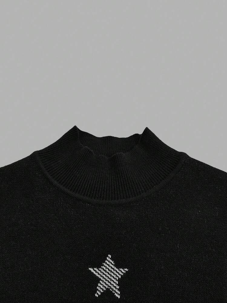 Star & Letter Pattern Mock Neck Sweater