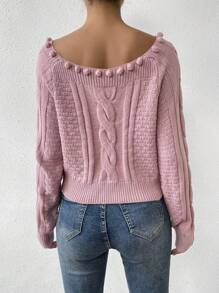 SHEIN LUNE Áo len chui đầu tay raglan buộc dây phía trước với chi tiết quả bông trang trí, thích hợp cho mùa thu đông. - Hồng - Xem 2