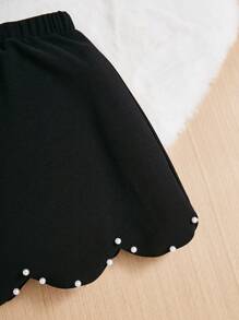 SHEIN Girls' Knitted Solid Color Beaded Skirt With Integrated Design For Casual Wear - Black - View 3