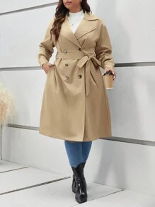 SHEIN Frenchy Plus Double Breasted Belted Trench Coat - Camel - View 1