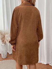 SHEIN LUNE Hơn Túi có nắp Tay áo lồng đèn Vải to sợi Váy sơ mi - Rỉ Nâu - Xem 2