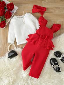 嬰兒女童純色短袖飛袖連體褲,荷葉邊細節和蝴蝶結裝飾和頭帶,夏天 - 彩色 - 查看 5