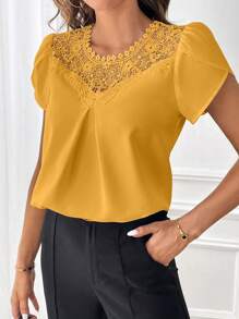 SHEIN Clasi Blusa con encaje en contraste manga tulipán - Amarillo - Ver 5