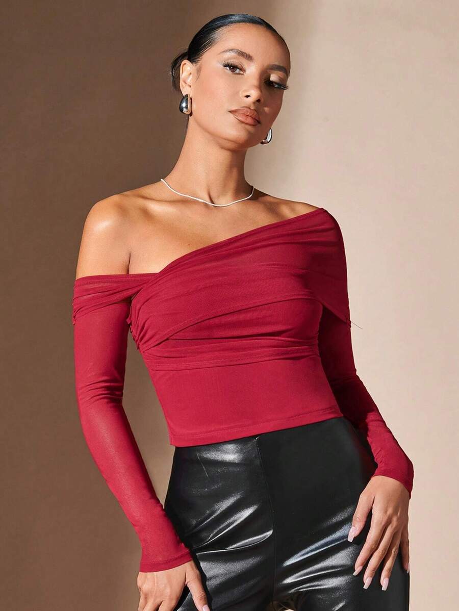 SHEIN BAE Off Shoulder Ruched Mesh Top - Burgundy - View 1
