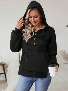 SHEIN LUNE Nút phía trước Viền chia cắt Thả vai Dây rút Hoodie - màu đen - Xem 3