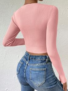 SHEIN Essnce Scoop Neck Ribbed Knit Crop Sweater - Pink - View 2
