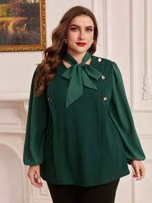 Modelyn Plus Tie Neck Button Detail Lantern Sleeve Top - Army Green - View 1