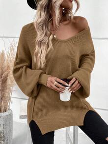 SHEIN LUNE Thả vai Viền chia cắt Áo len - Màu Khaki - Xem 4