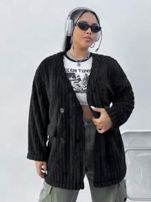 SHEIN EZwear Abrigo De Hombros Caídos Con Doble Botonadura De Felpa De Talla Grande Para Mujer - Negro - Ver 3