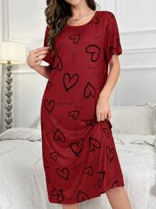 Heart & Letter Graphic Pajama Nightdress, Moo Moo Sleep Dress - Burgundy - View 1