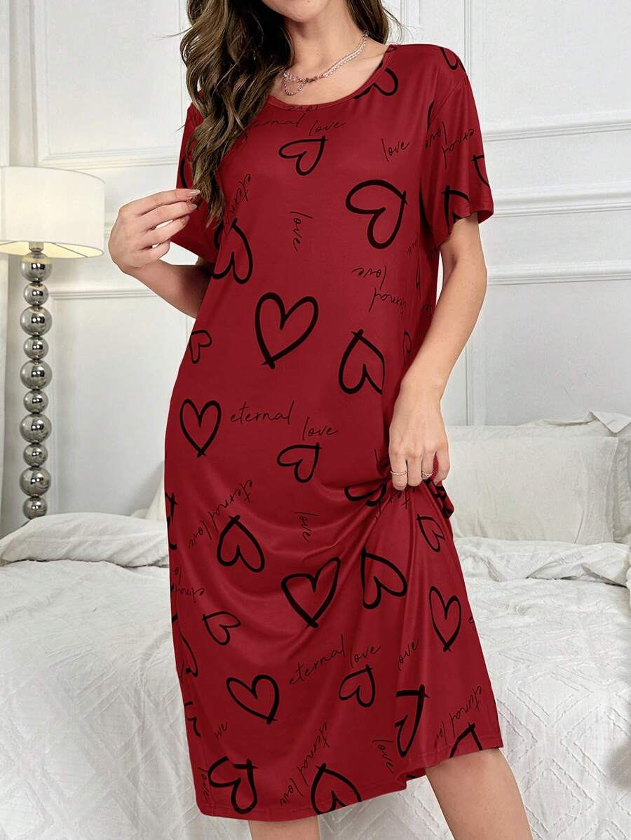 Heart & Letter Graphic Pajama Nightdress, Moo Moo Sleep Dress - Burgundy - View 1