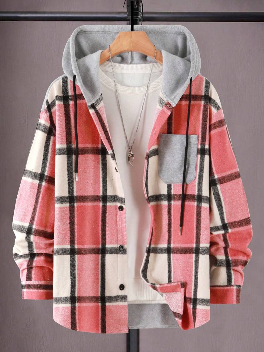 Aesthetic Post--Men's Loose Plaid Print Drawstring Hooded Coat Without T-Shirt - Pink - View 1