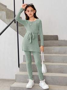 SHEIN Tween Girl Solid Belted Tee & Leggings - Olive Green - View 5