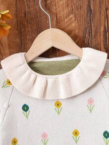 女嬰花卉圖案荷葉邊荷葉袖套頭毛衣 - 杏色 - 查看 6