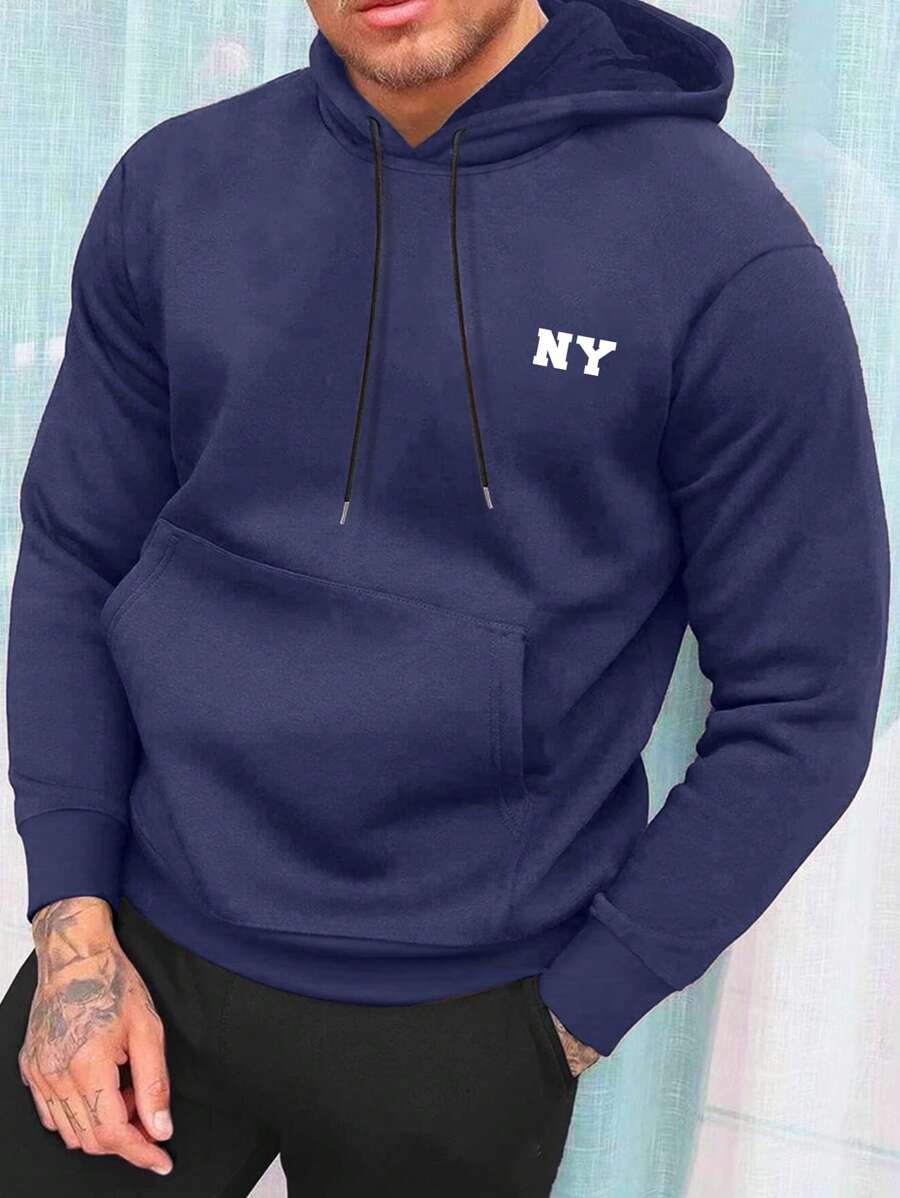 Manfinity Homme Men's Hooded Sweatshirt With Kangaroo Pocket And Drawstring, Letter Printed - Navy Blue - View 1