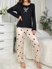 Heart Print Tee & Pants PJ Set - Multicolor - View 4