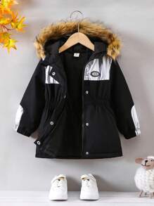 SHEIN 年轻女孩字母图案毛绒装饰连帽保暖衬里棉服 - 黑色 - 查看 1