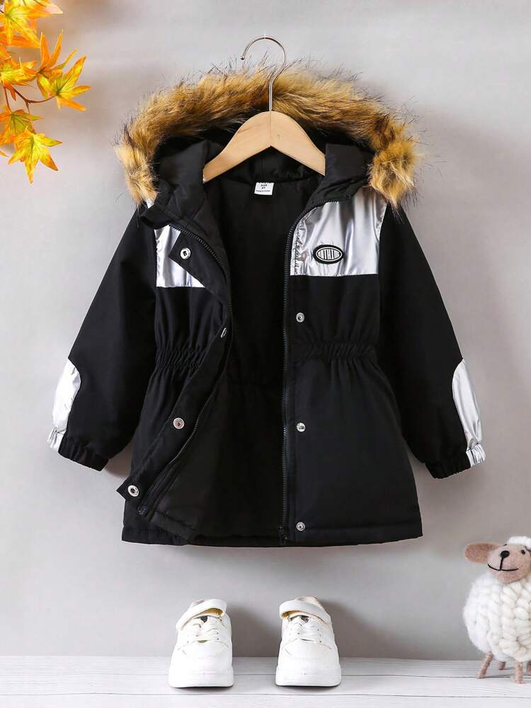Young Girl Letter Graphic Fuzzy Trim Hooded Thermal Lined Padded Coat