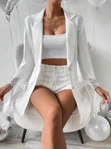 SHEIN Privé 蕾絲袖口拼接西裝外套 - 白色 - 查看 5