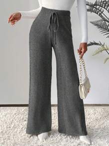SHEIN Frenchy Drawstring Waist Wide Leg Knit Pants - Dark Grey - View 1