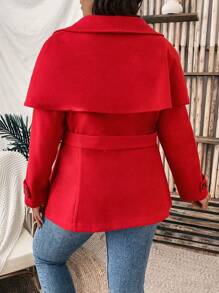SHEIN Clasi Plus Overlay Single Breasted Belted Overcoat - Red - View 2